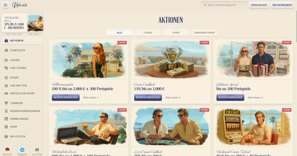 VIPLuck Bonusseite mit allen Angeboten